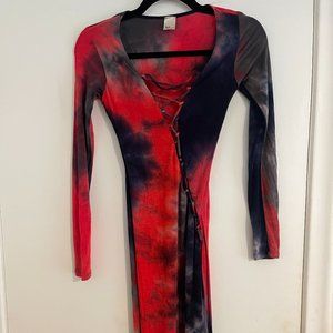 Monaco Black Red Tie Dye Midi Dress Long Sleeve Lace Up Size Small